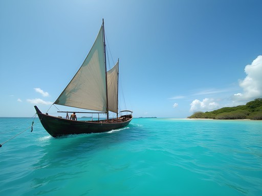 Traditional dhow sailing boat approaching Quirimbas islands with turquoise waters