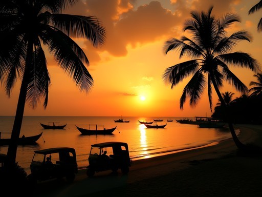 Sunset view of Pemba Bay with fishing boats returning and transportation hub