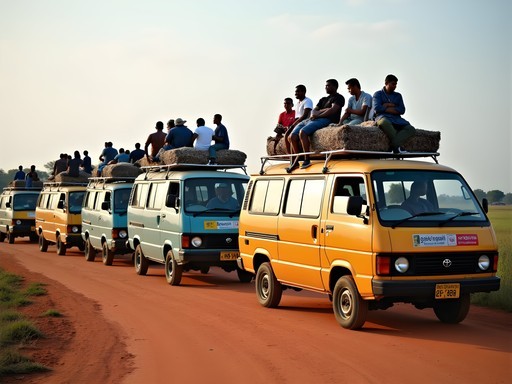 Transportation options outside Pemba Airport showing taxis and chapas