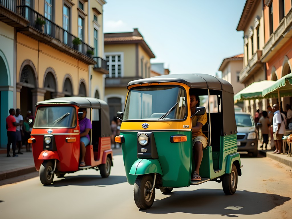 Colorful tuk-tuks navigating through Pemba's streets with colonial buildings