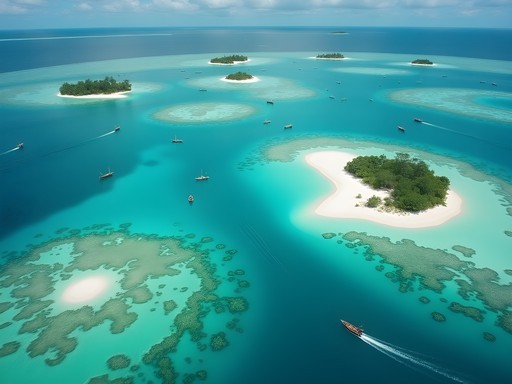 Drone aerial view of Quirimbas Archipelago showing islands, coral formations, and dhows