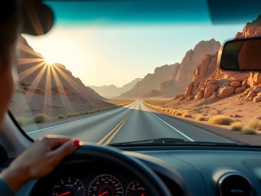 First-person perspective from driver's seat on the King's Highway approaching Petra, Jordan