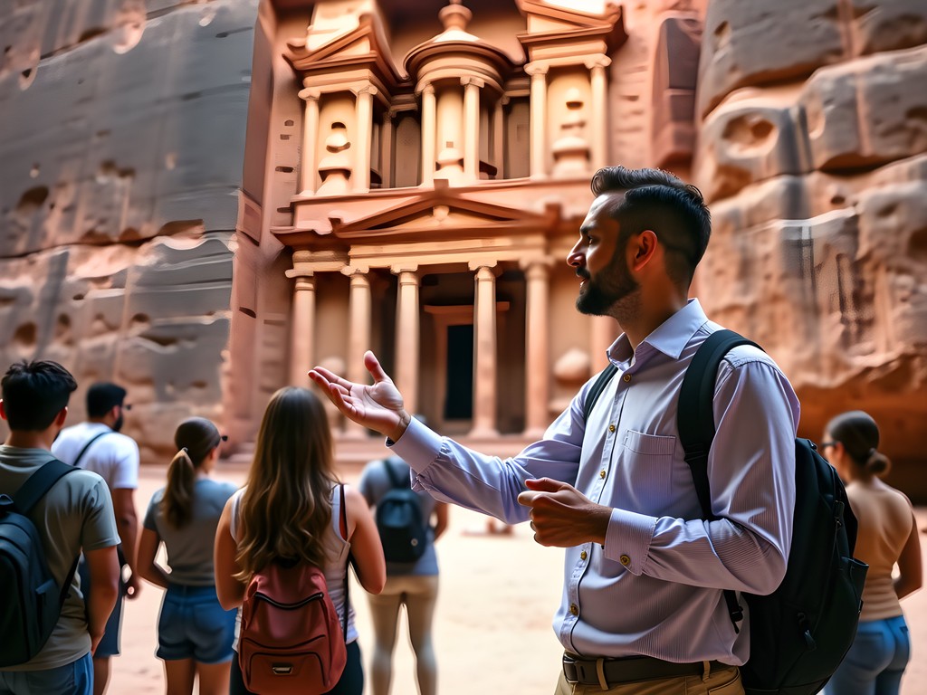 Tour guide explaining architectural features of Petra's Treasury to attentive group of travelers