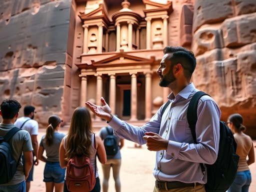 Tour guide explaining architectural features of Petra's Treasury to attentive group of travelers
