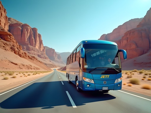 JETT tourist bus traveling through the desert landscape en route to Petra, Jordan