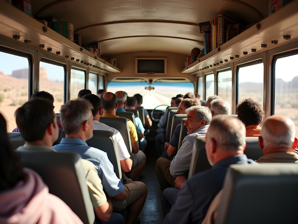 Interior of a local Jordanian public bus traveling through desert landscape toward Petra