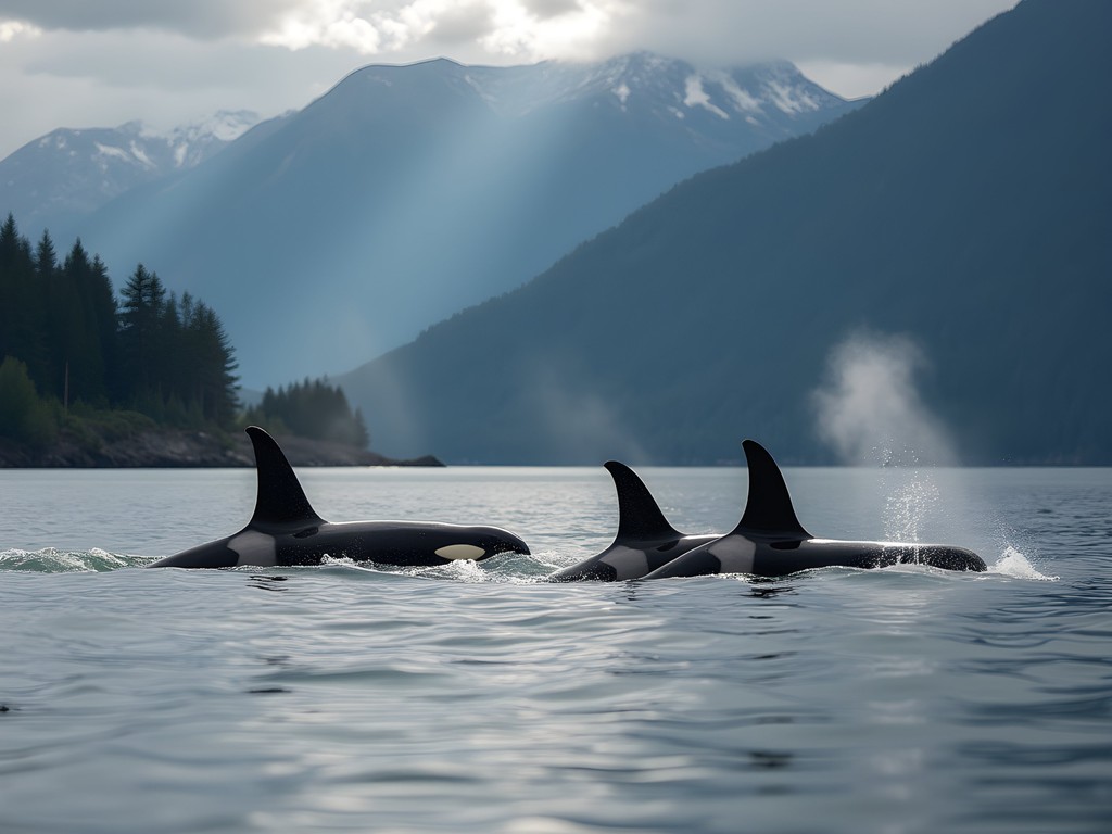 Orca pod surfacing in the Salish Sea with mountains in background
