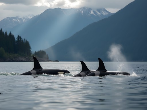 Orca pod surfacing in the Salish Sea with mountains in background