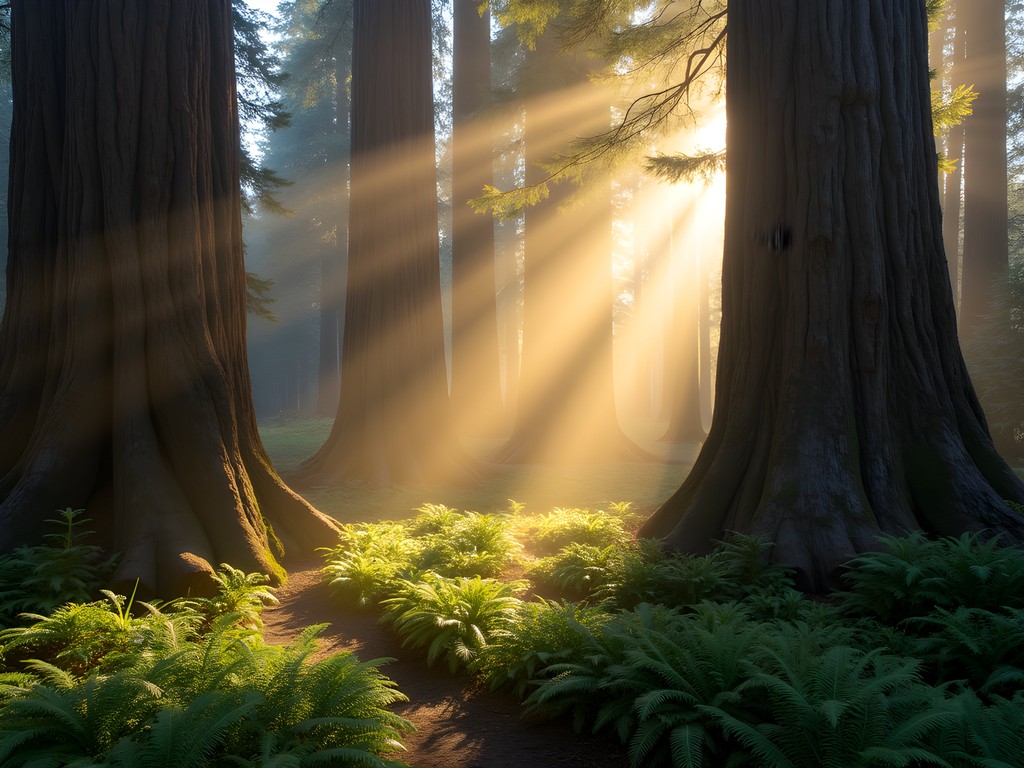 Sunlight filtering through coastal redwood forest creating dramatic light rays in the mist