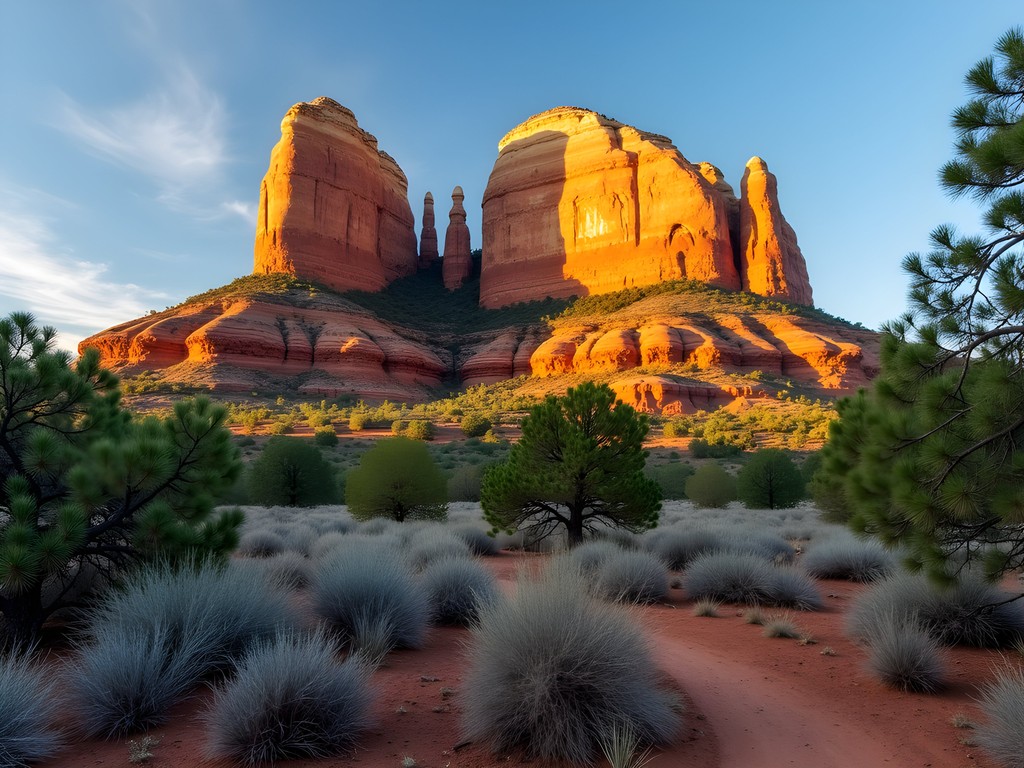 Sunrise illuminating Cathedral Rock in Sedona with desert vegetation in foreground