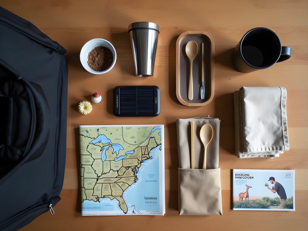 Flatlay of eco-friendly road trip essentials including reusable water bottle, containers, and travel gear