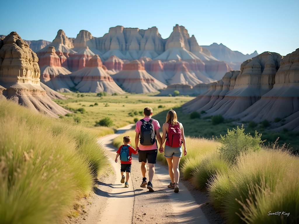 Family hiking on trail in Badlands National Park with colorful eroded rock formations