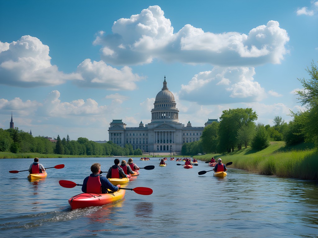 Family kayaking on Missouri River near Pierre with State Capitol visible in background