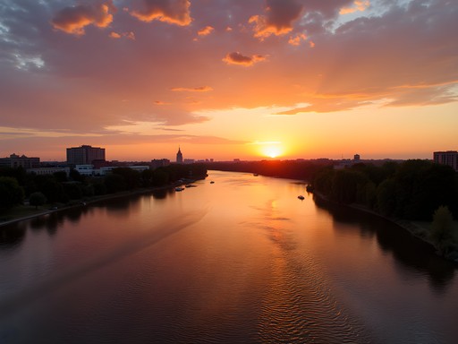 Sunset over Missouri River in Pierre with silhouette of State Capitol