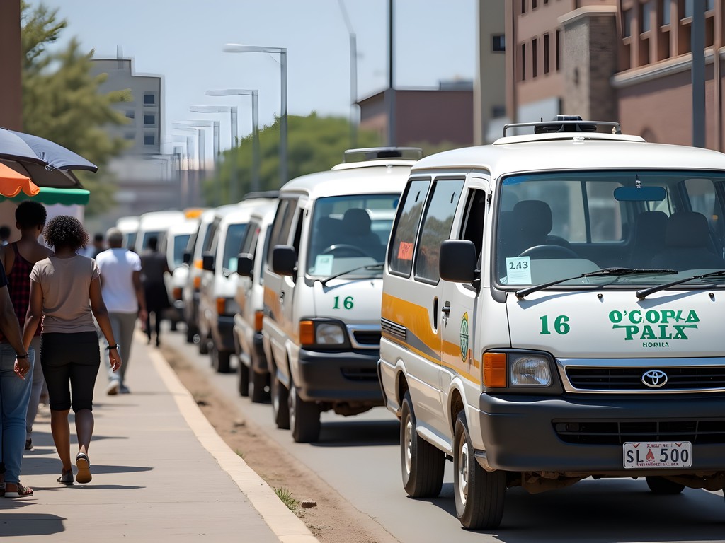 Busy minibus taxi rank in downtown Polokwane with colorful taxis