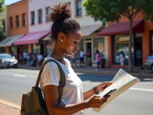 Travel blogger Zoe Kelly navigating downtown Polokwane with map and local SIM card