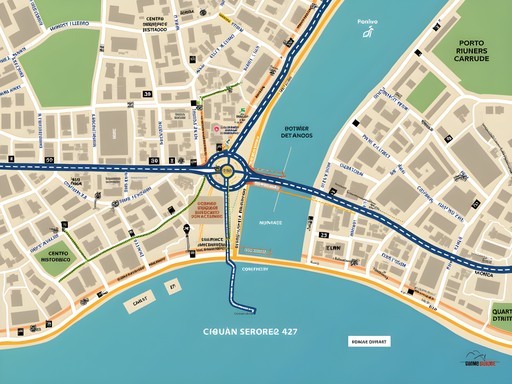 Map showing transportation connections between Porto Alegre's business and cultural districts