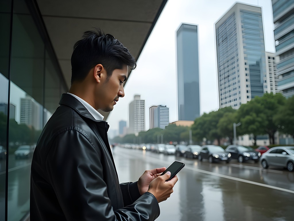 Business professional using rideshare app in Porto Alegre's financial district
