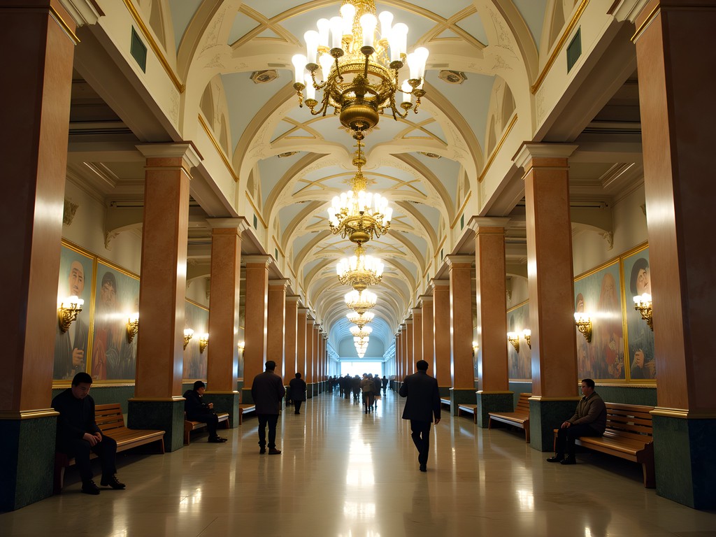 Ornate chandelier-lit Pyongyang metro station with socialist murals