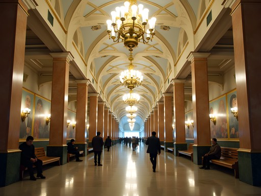 Ornate chandelier-lit Pyongyang metro station with socialist murals