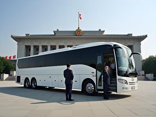 Tourist group bus with guides in Pyongyang