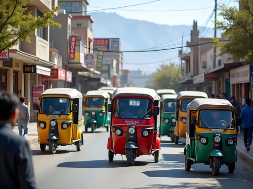 Colorful auto-rickshaws and traffic on busy Quetta street