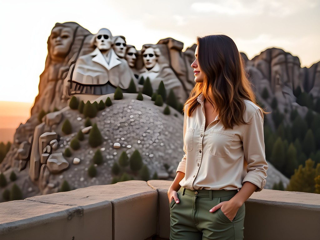 Travel writer at Mount Rushmore viewing platform with monument in background