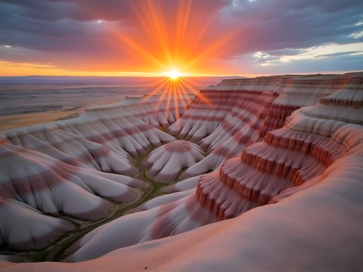 Badlands National Park layered rock formations at sunrise with pink and orange sky
