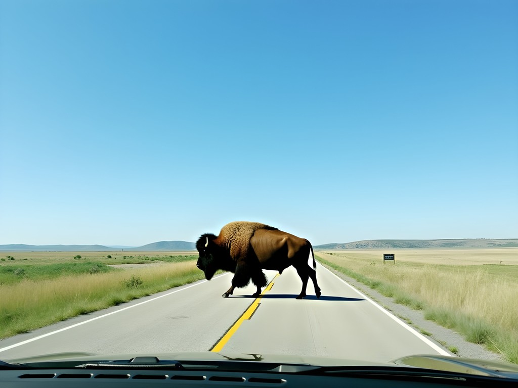 American bison crossing road in Custer State Park South Dakota with family in vehicle