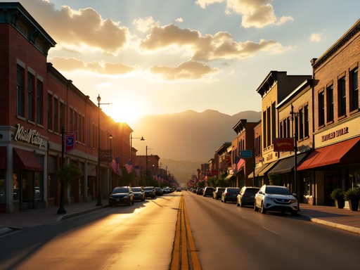 Downtown Rapid City Main Street with mountain backdrop during golden hour