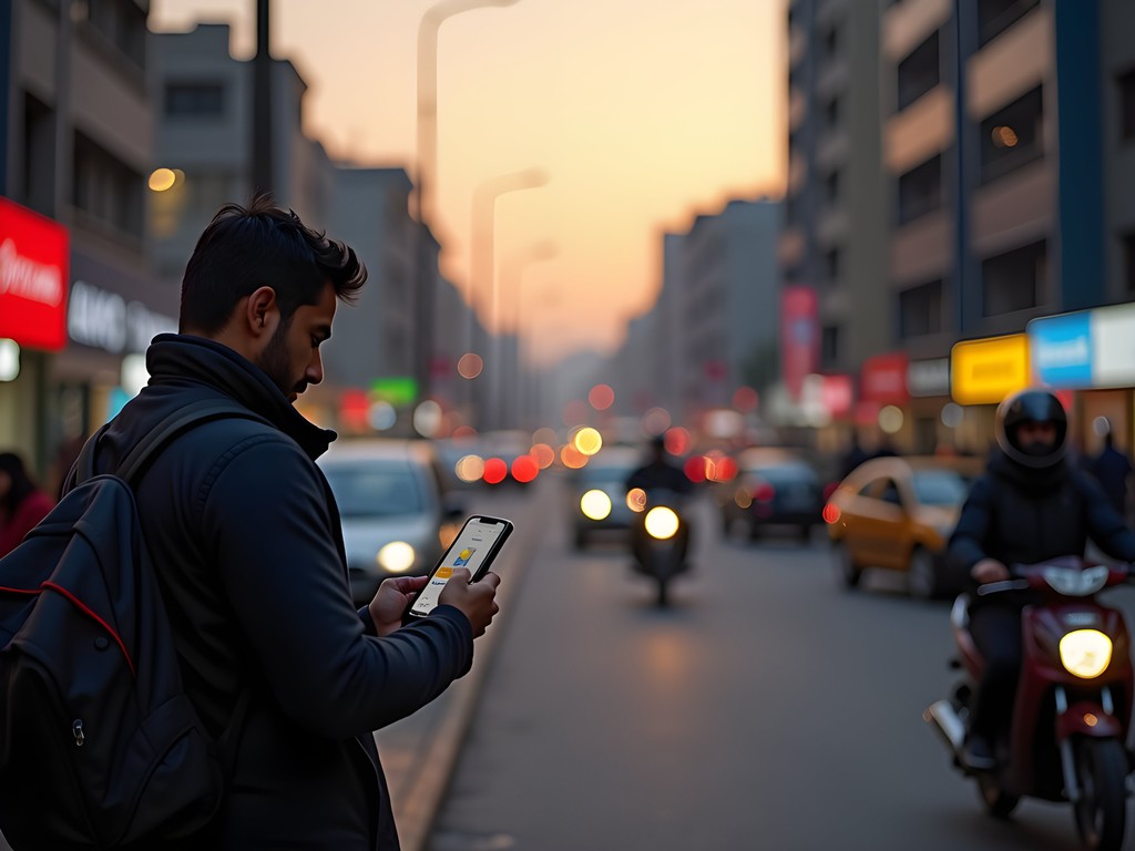 Business traveler using ride-hailing app in Rawalpindi evening traffic
