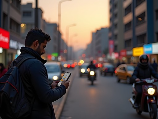 Business traveler using ride-hailing app in Rawalpindi evening traffic