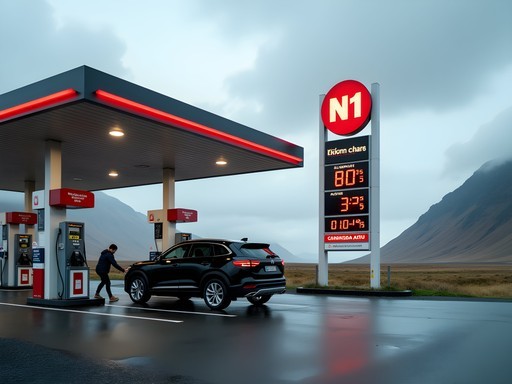 Fuel station along Iceland's Ring Road showing prices and vehicle refueling
