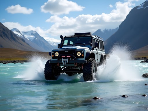Modified super jeep crossing a river in Iceland highlands near Ring Road