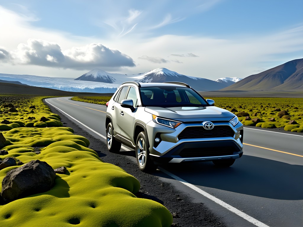 SUV parked alongside Iceland's Ring Road with summer landscape