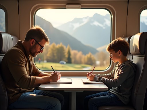 Father and son sketching landscapes from train window during European rail journey