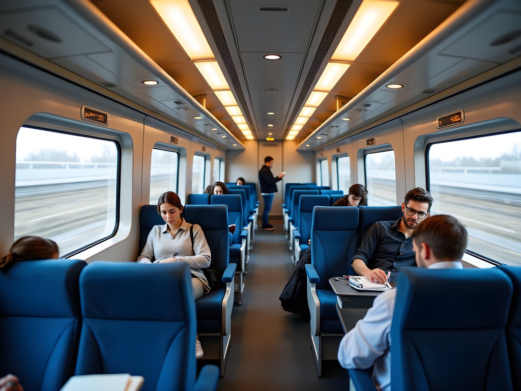 Interior of German ICE high-speed train showing comfortable seating and modern amenities