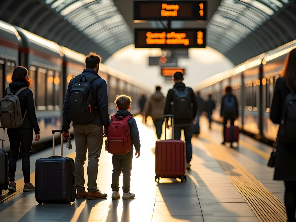 Father and son with travel backpacks waiting on European train platform