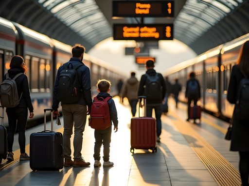 Father and son with travel backpacks waiting on European train platform