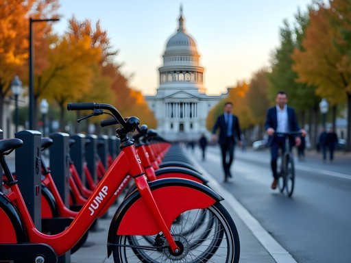 Business professional using JUMP bike share on Capitol Mall with California State Capitol in background