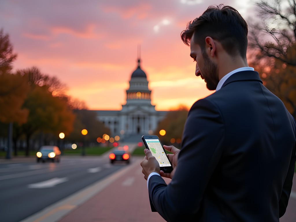 Business traveler using rideshare app near California State Capitol at dusk
