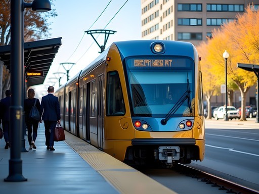 Sacramento light rail train arriving at downtown station with business district in background