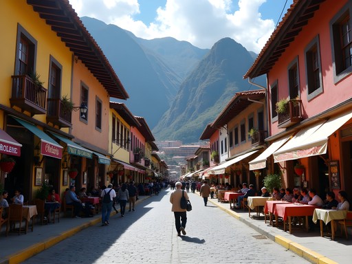 Pedestrian streets of Aguas Calientes with shops and restaurants along Urubamba River