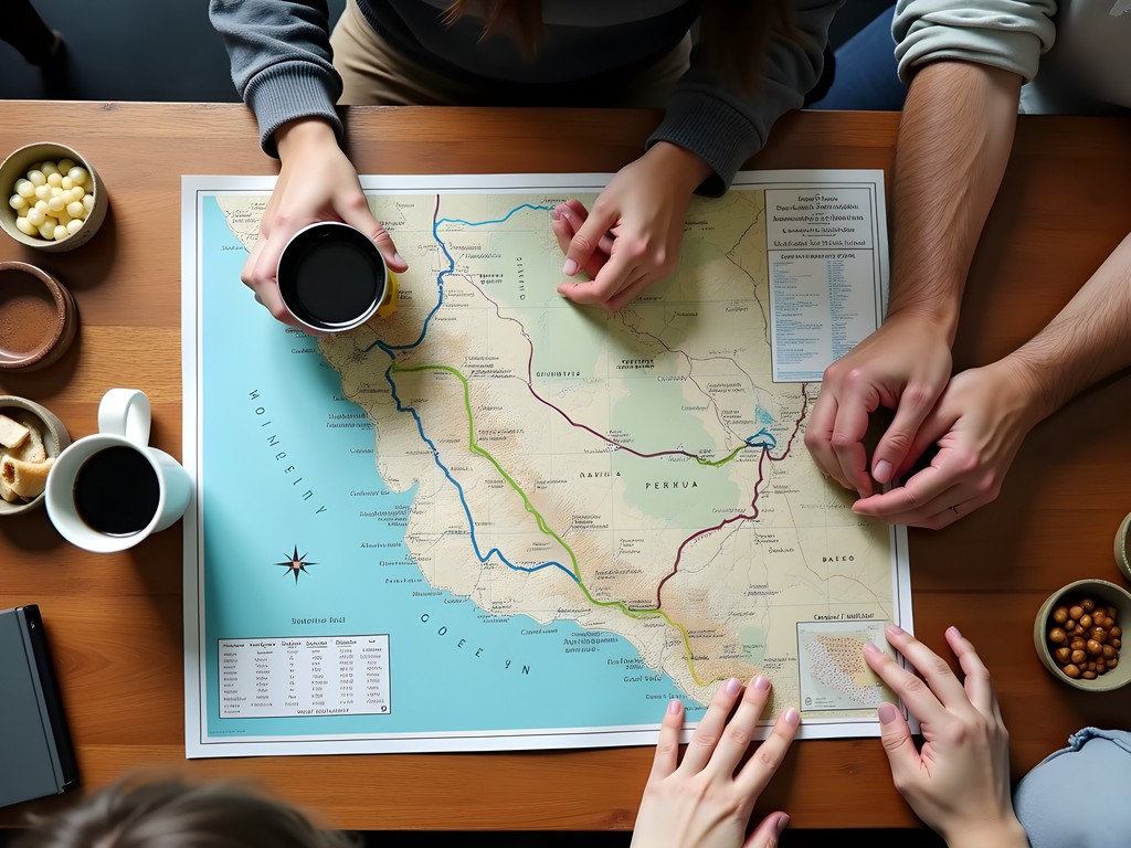Family reviewing Sacred Valley map with transportation routes highlighted