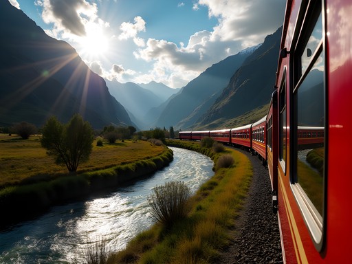 PeruRail Vistadome train with panoramic windows traveling alongside Urubamba River