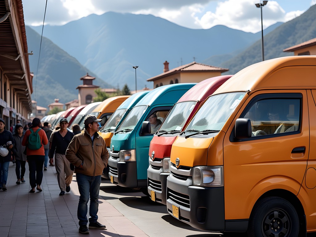 Collectivo station in Cusco with colorful vans and local travelers