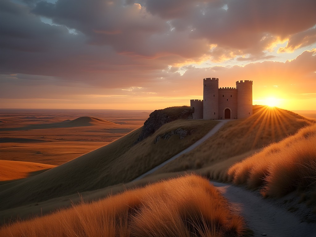 Stone castle structure at Coronado Heights with sunset over Kansas prairie