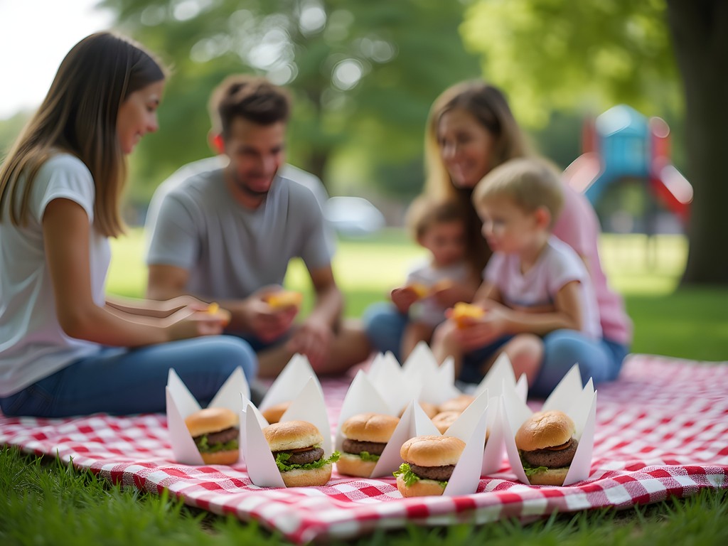 Family enjoying Cozy Inn sliders during a picnic at Oakdale Park