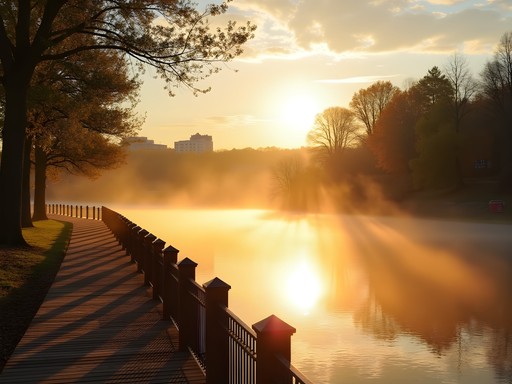 Salisbury Riverwalk at sunrise with morning mist over Wicomico River