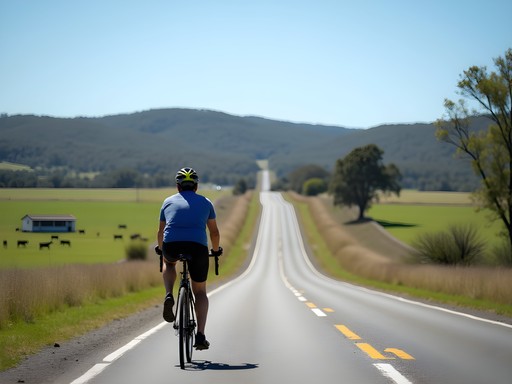 Cyclist on Route 3 between Salto and Paysandú with scenic countryside views